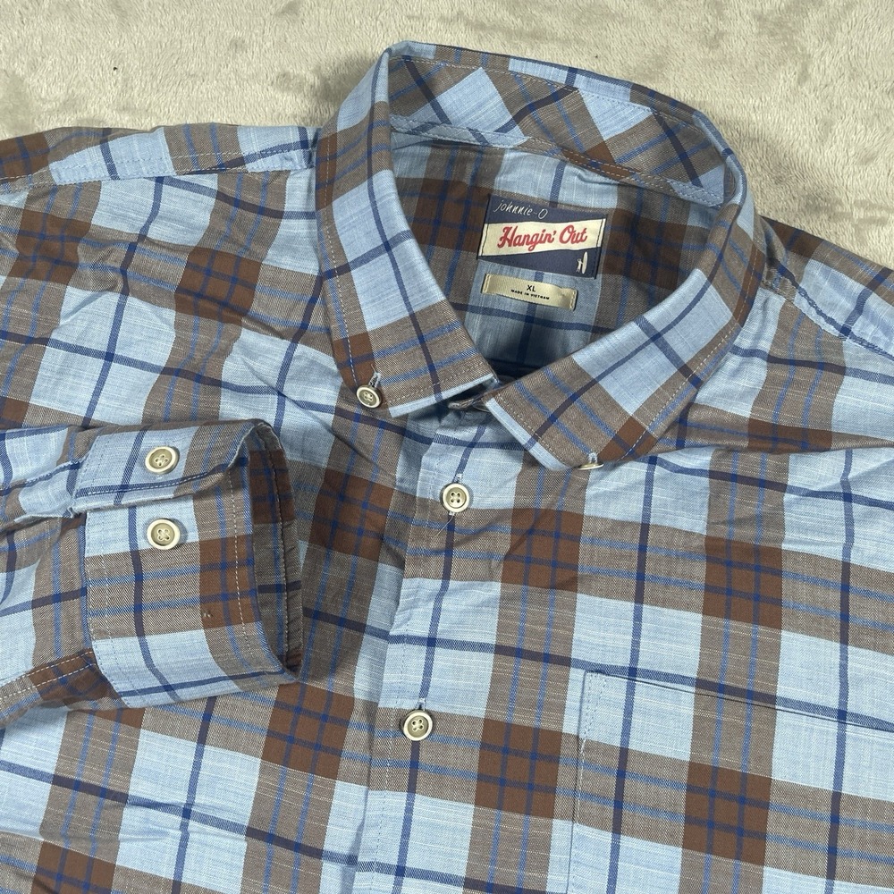 Johnnie-O Wilber Hangin Out Button Down Shirt Mens XL Gulf‎ Blue Plaid Cotton